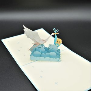 3D Pop up Greeting Card – Newborn Baby Boy Stork Clouds