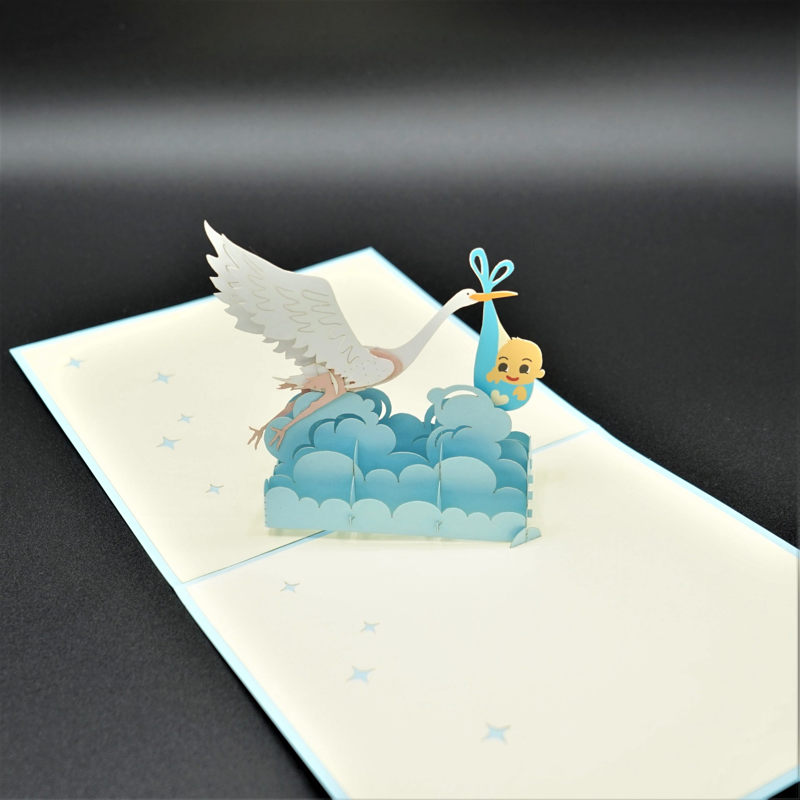 3D Pop up Greeting Card - Newborn Baby Boy Stork Clouds