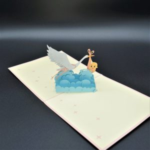 3D Pop up Greeting Card – Newborn Baby Girl Stork Clouds