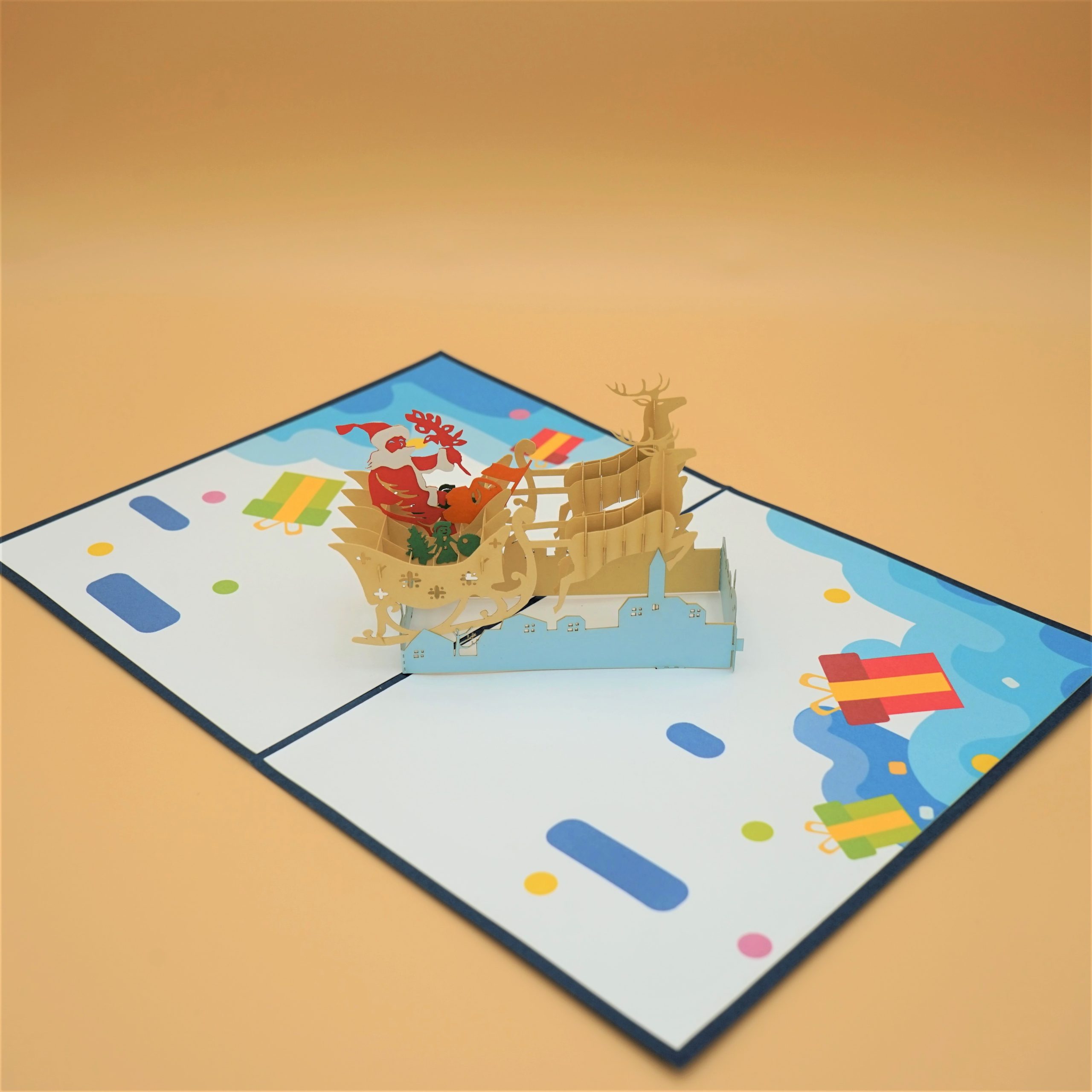 3D Pop up Greeting Card - Christmas Santa Claus Reindeer Sleigh