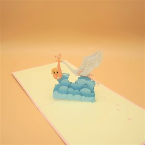 3D Pop up Greeting Card - Newborn Baby Girl Stork Clouds